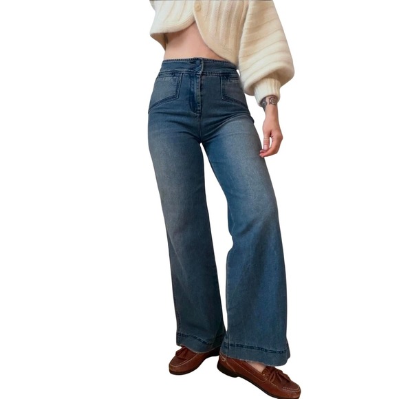 House of Harlow 1960 Women 26 Blue Wide Leg High Rise Denim Jeans Hippie Retro - Picture 2 of 14